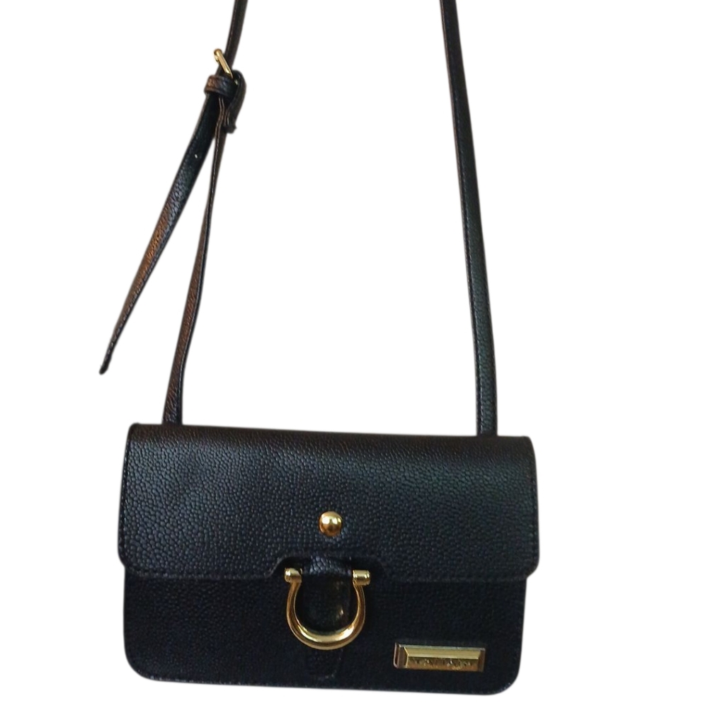 Tahari Black Soft Faux Leather Small Crossbody Bag With Gold Accents